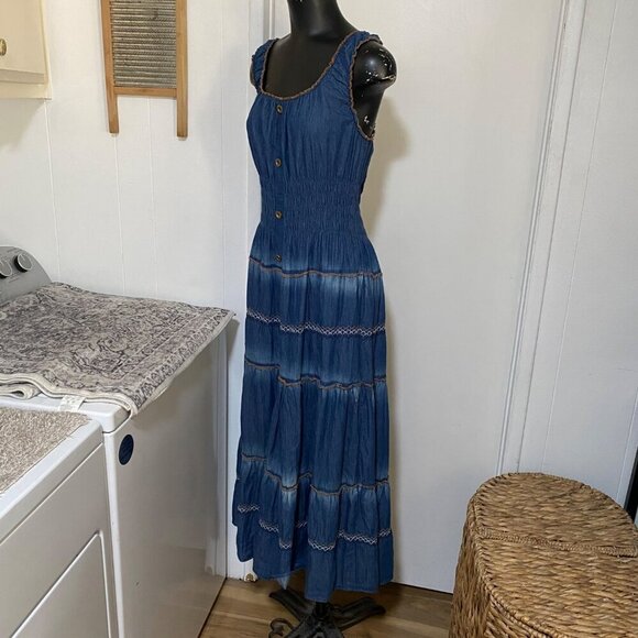 LAPIS Chambray Cotton Tiered Maxi Dress in Blue Size Large - Picture 4 of 7